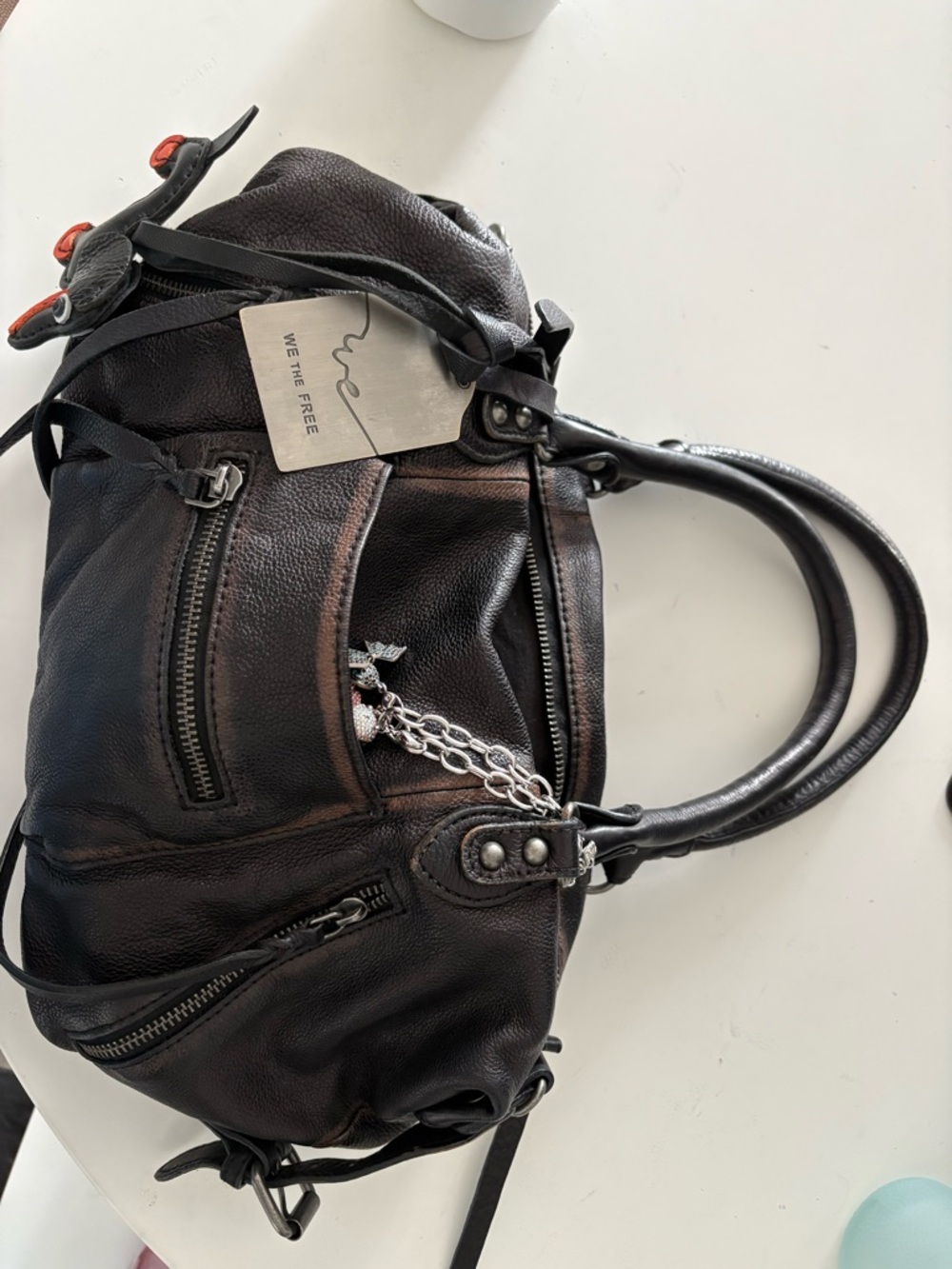 We The Free Black Pebbled Leather Messenger Bag with Silver Accents